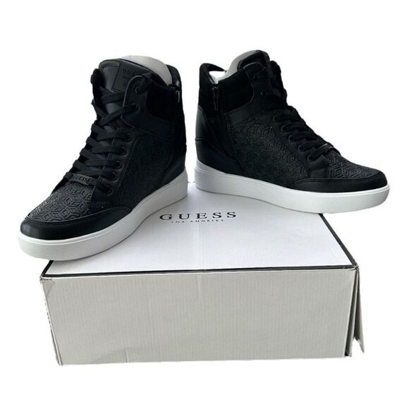 Guess Blairin 4 Rhinestone Logo Print Wedge Black Hi Top Sneakers 9.5 M Black - Picture 1 of 10